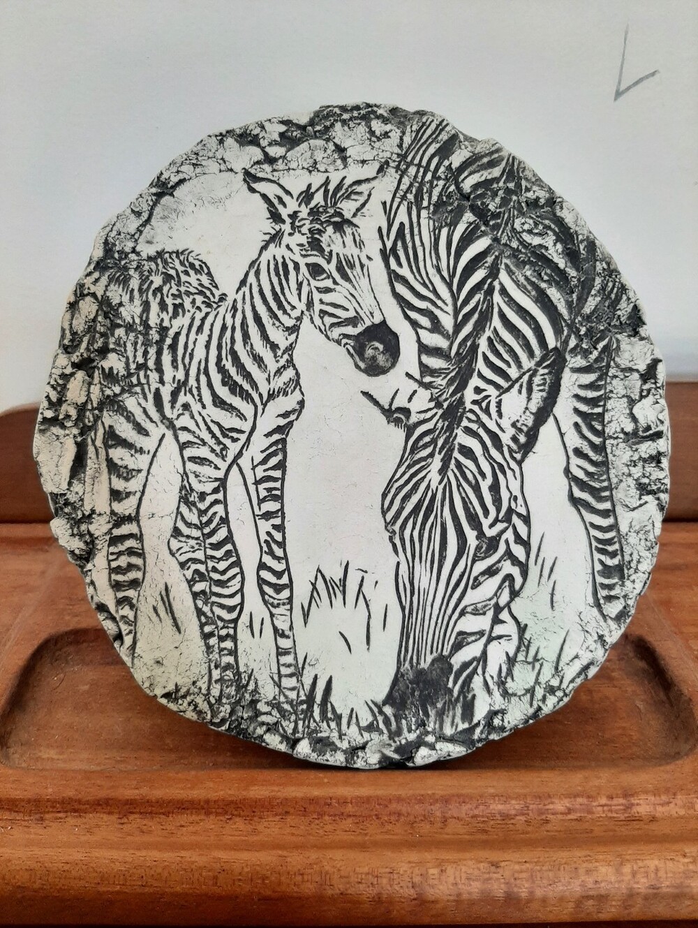 Original 1980s Signed Zebra Ash Pottery Relief Etching Stone Ceramic Crackle Art